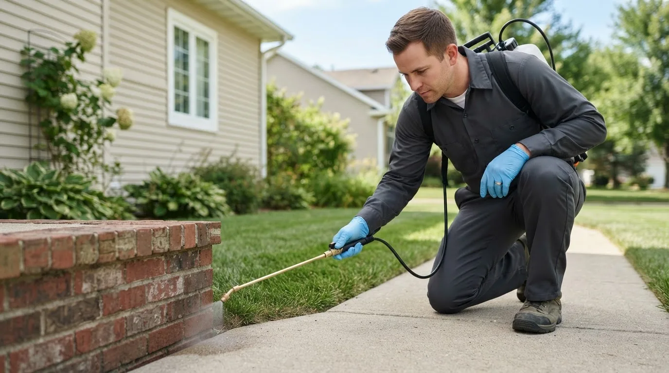 Pest control technician treating a home near Barrington, NH